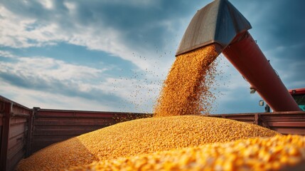 Corn Unloading Process into Tractor Trailer During Harvesting with Auger Under a Sunny Sky