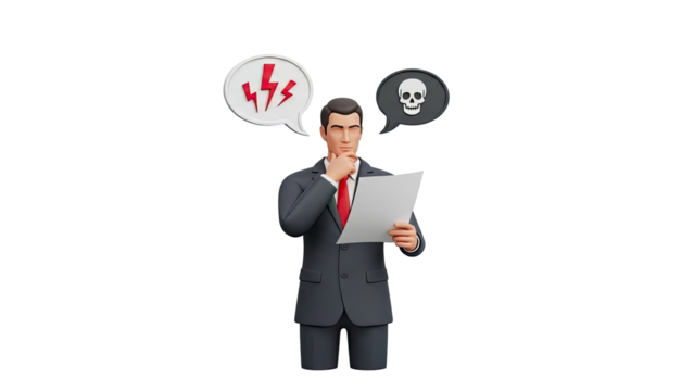 Businessman contemplating difficult decision with danger and stress symbols - Powered by Adobe