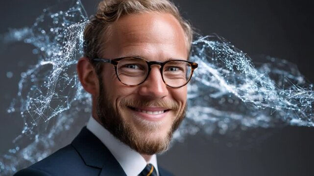 Confident Professional: A charismatic man in glasses exudes confidence, set against a dynamic background that symbolizes innovation and the digital age. Capturing business acumen and modern style.