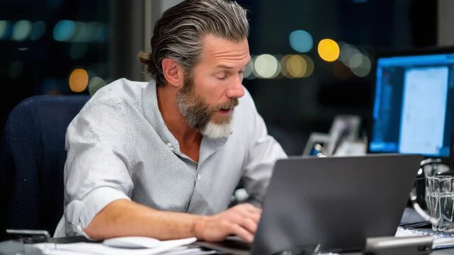 Focused Entrepreneur: A focused entrepreneur deeply engrossed in his work, illuminated by the soft glow of a computer screen in a modern office environment. 