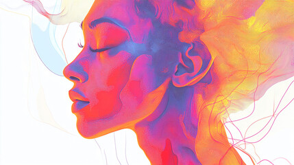 Vibrant colorful illustration of a woman's face in profile with closed eyes and flowing hair in shades of pink orange purple and yellow on a white background with art and graphic and design