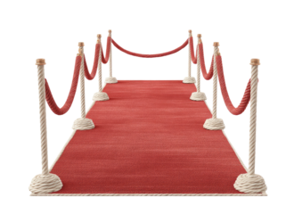 Red carpet aisle with ropes. Formal entrance isolated on black background