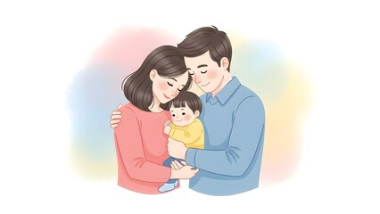 Obraz premium Cartoon Illustration of a Happy Family with Father, Mother, and Baby Embracing