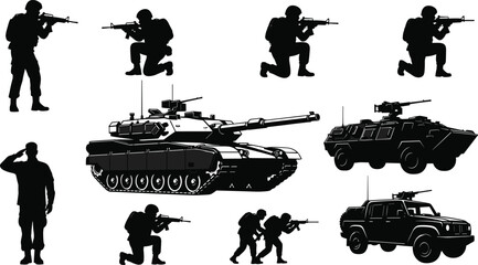 Military combat silhouettes set with soldiers tanks armored vehicles, modern warfare tactical army equipment collection, black vector illustration, isolated white background design