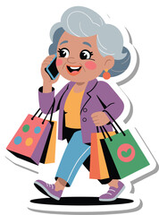 Happy Senior Woman Shopping and Talking on Smartphone IllustrationHappy Senior Woman Shopping and Talking on Smartphone Illustration
