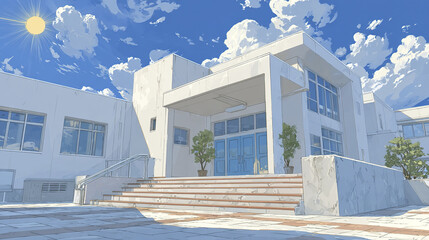Modern school building with clean facade and large windows under bright sunny sky with clouds, featuring stairs and potted plants creating calm and inviting atmosphere