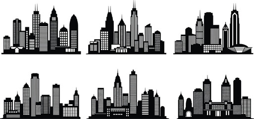 Obraz premium Modern city skyline silhouettes collection, urban skyscraper buildings vector illustration, black and white metropolitan panorama design set for architecture, real estate, branding use