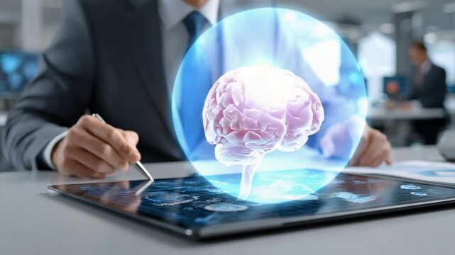 Brain-Computer Interface: A modern businessperson interacts with an augmented reality visualization of a human brain using a digital tablet.