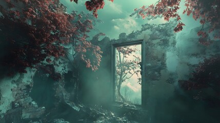 A doorway in a crumbling wall leading to a misty forest with red trees.