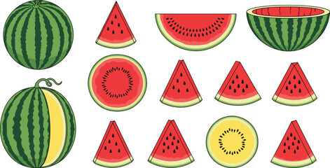 Fresh Red and Yellow Watermelon Slice Flat Vector SetFresh Red and Yellow Watermelon Slice Flat Vector Set