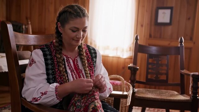 Traditional Craft: Woman Engaged in Needlework in a Rustic Home Interior Setting