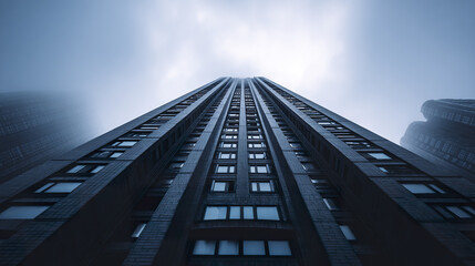 Skyscraper building low angle view with foggy sky background creating mysterious and dramatic atmosphere in cityscape
