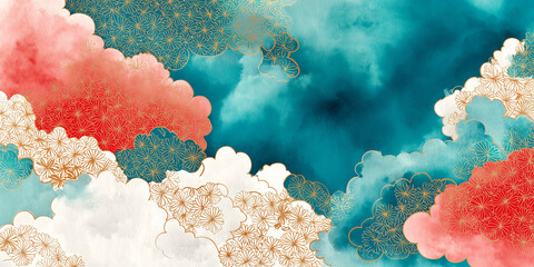日本の伝統模様と水彩の花が優美に融合した装飾背景。季節感や和の趣を演出するイラストとして、動画演出・商品パッケージにも活用可能。