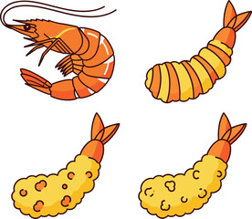 Fresh Shrimp and Crispy Fried Tempura Seafood Vector SetFresh Shrimp and Crispy Fried Tempura Seafood Vector Set
