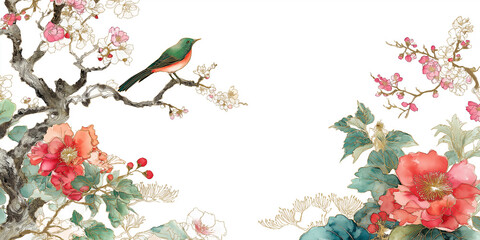 日本の伝統模様と水彩の花が優美に融合した装飾背景。季節感や和の趣を演出するイラストとして、動画演出・商品パッケージにも活用可能。