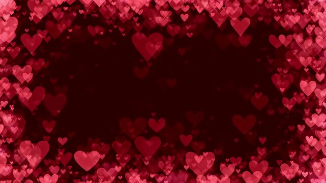Pink hearts creating border on red background for Valentine's day. Heart particles floating to center frame for a romantic theme celebrating love, passion, or for Valentines day background.