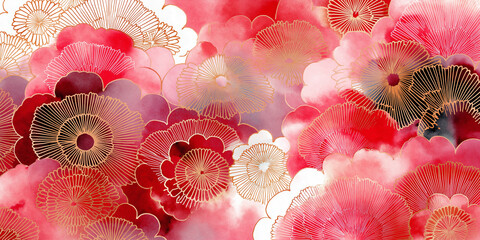 水彩タッチの華やかな花と幾何学模様が融合した、和風テイストあふれる背景イラスト。日本的な美を感じるデザインで動画や印刷にも幅広く使える。