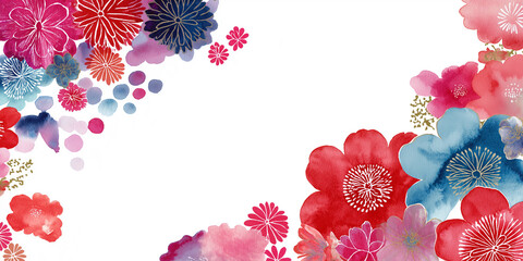 水彩タッチの華やかな花と幾何学模様が融合した、和風テイストあふれる背景イラスト。日本的な美を感じるデザインで動画や印刷にも幅広く使える。
