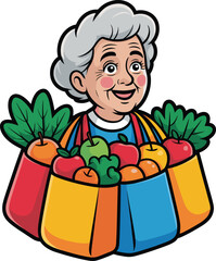 Happy Elderly Woman with Bags of Fresh Fruits and Vegetables IllustrationHappy Elderly Woman with Bags of Fresh Fruits and Vegetables Illustration