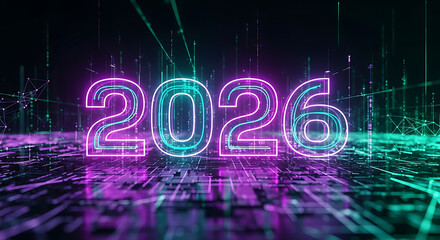 Futuristic neon glowing 2026 numbers