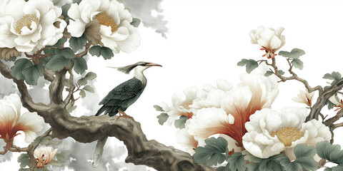 和風の花柄と伝統的文様を組み合わせた、美しい水彩背景素材。和の雰囲気を伝える場面にぴったりなイラストで、上品な世界観を演出。