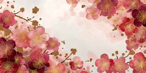 和風の花柄と伝統的文様を組み合わせた、美しい水彩背景素材。和の雰囲気を伝える場面にぴったりなイラストで、上品な世界観を演出。