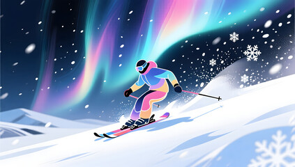 Graceful skiing curves captured in an abstract fluid art style