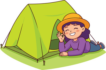 Happy Girl Character Camping in Front of Green Tent Vector IllustrationHappy Girl Character Camping in Front of Green Tent Vector Illustration