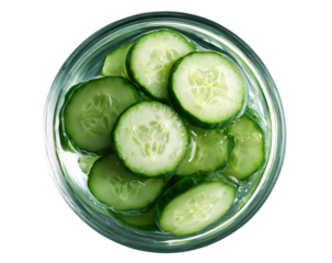 Sliced cucumbers in clear glass bowl, top view, bright light, wet appearance
