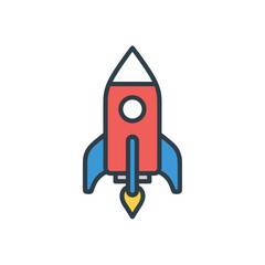 Red and blue cartoon rocket ship launching