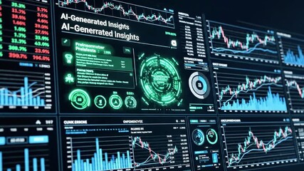 A futuristic digital dashboard displaying various graphs, charts, and gauges in shades of blue, green, and red, showcasing AI-generated insights and data visualization - Powered by Adobe
