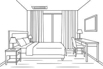 A detailed vector artwork showing a stylish hotel bedroom interior with neatly arranged furniture, cozy bed, warm lighting, and a modern design that feels relaxing and luxurious.