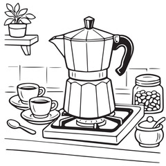 A cozy vector illustration of a coffee concept in the kitchen, featuring a moka pot on the stove, coffee beans, and a cup of coffee, creating a warm and inviting daily brewing scene.