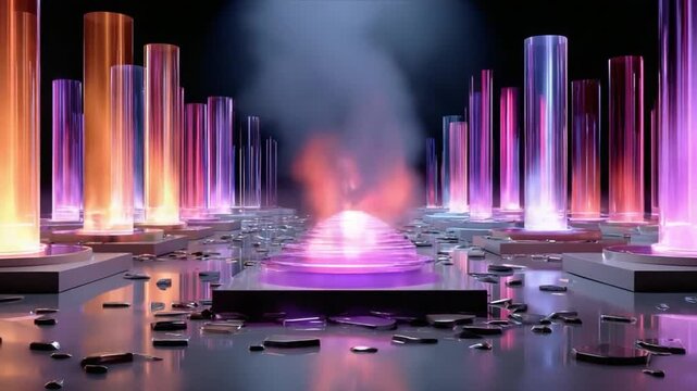Illuminating Display of Technological Marvel: A futuristic scene showcasing a central glowing sphere surrounded by radiant pillars, all set within a high-tech environment of innovation and discovery.
