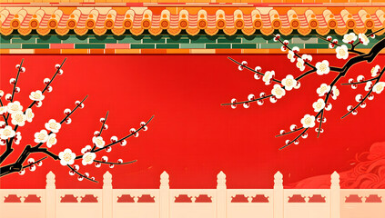 Retro illustration of wintersweet on red palace wall