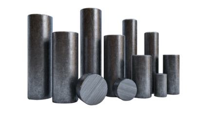 Assembled group of varying lengths of gray, metallic cylindrical rods