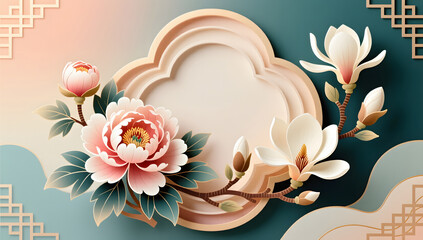 New Chinese style background with layered peonies and magnolias