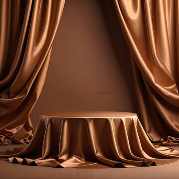 A rich brown curtain elegantly cascades down, adorned with luxurious gold drapers that add a touch of opulence and warmth to the room's ambiance.