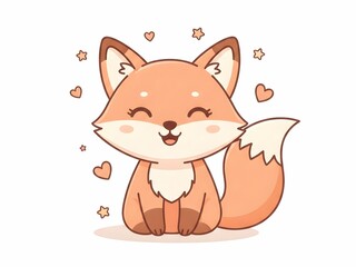 Happy Smiling Little Fox Character with Hearts and Stars