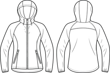 Women's Hooded Raglan Jacket Technical Flat Sketch, Zip-up Fleece Hoodie Vector Template, Front and Back View Fashion Illustration Design © MSTAYESHASIDDIKA