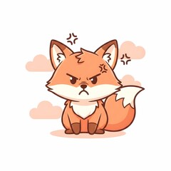Angry Little Fox Character Grumpy Expression with Clouds Background