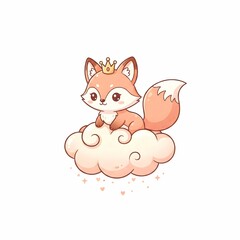 Adorable Princess Fox Wearing a Golden Crown Sitting on a Magical Cloud