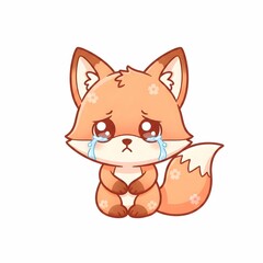 Sad Little Fox Character Crying with Tears and Flower Patterns
