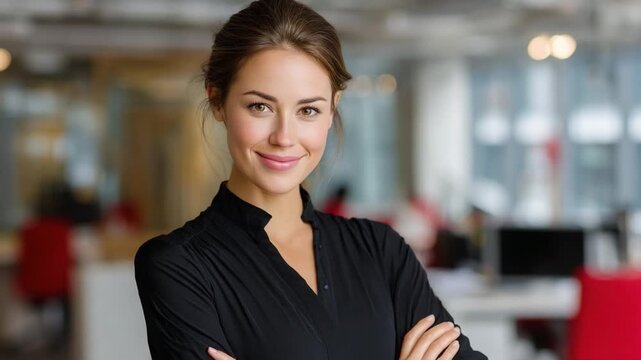 Confident Leader: A confident and successful woman radiates professionalism in a modern workplace setting. Her composure and assured gaze speaks volumes.