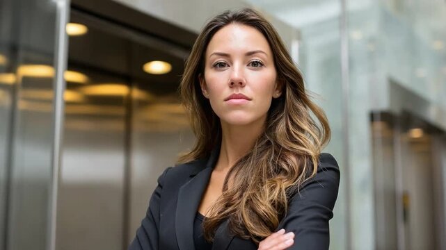 Confident Portrait: A striking woman in professional attire exudes confidence, her gaze direct and unwavering, conveying poise and determination.