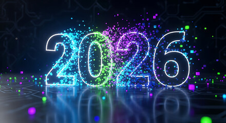 Futuristic neon glowing 2026 numbers