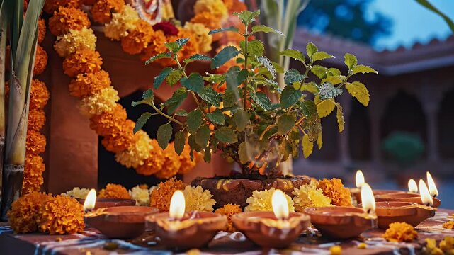 Tulsi Vivah background with soft evening light over tulsi altar
