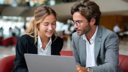 Business Colleagues in Collaboration: A focused scene of two professionals, engaged in a collaborative discussion around a laptop, exemplifying teamwork, focus and workplace synergy.