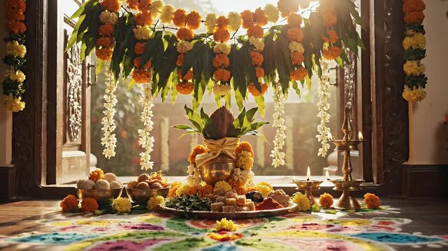Ugadi background with fresh leaves, flowers, and traditional festive object