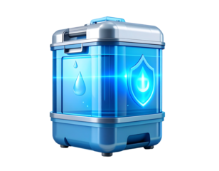 A futuristic blue and silver container with glowing water drop and shield icons, rendered in 3D.
